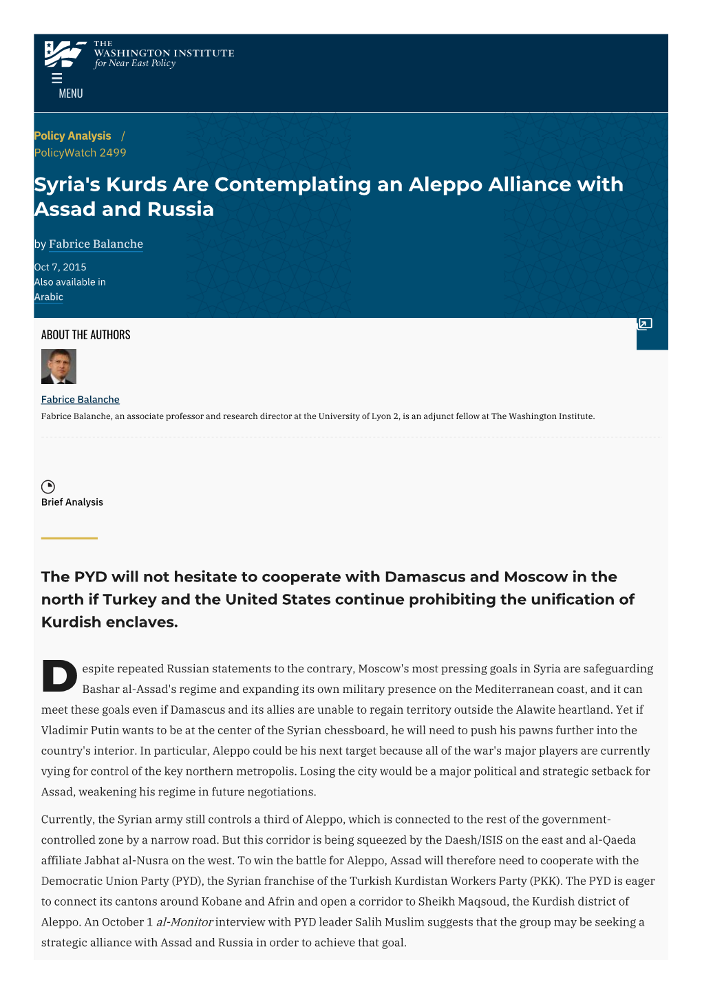 Syria's Kurds Are Contemplating an Aleppo Alliance with Assad and Russia by Fabrice Balanche