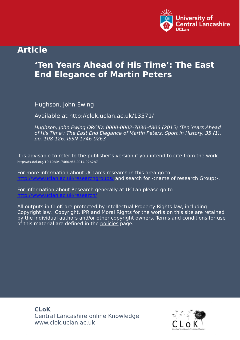 “Ten Years Ahead of His Time': the East End Elegance of Martin Peters' John Hughson, University of Central Lancashire, UK