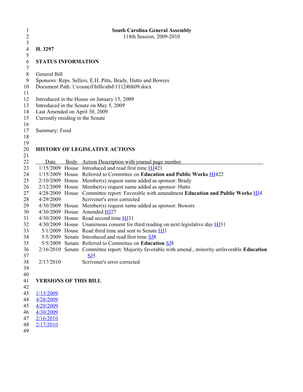 2009-2010 Bill 3297: Food - South Carolina Legislature Online