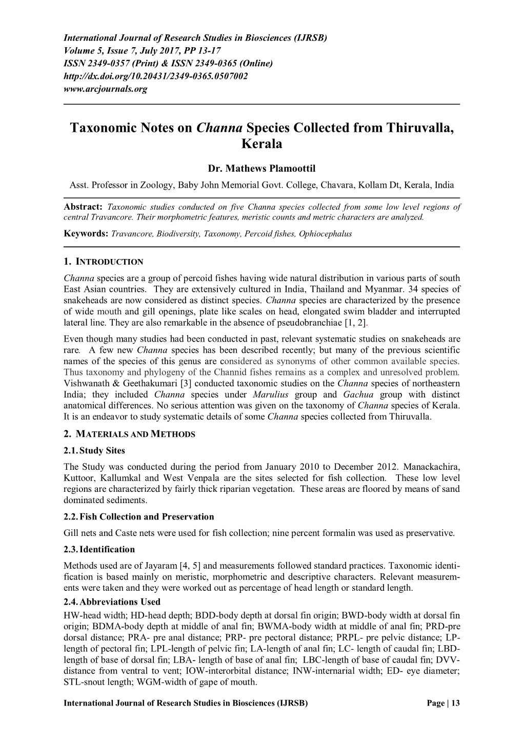 Taxonomic Notes on Channa Species Collected from Thiruvalla, Kerala