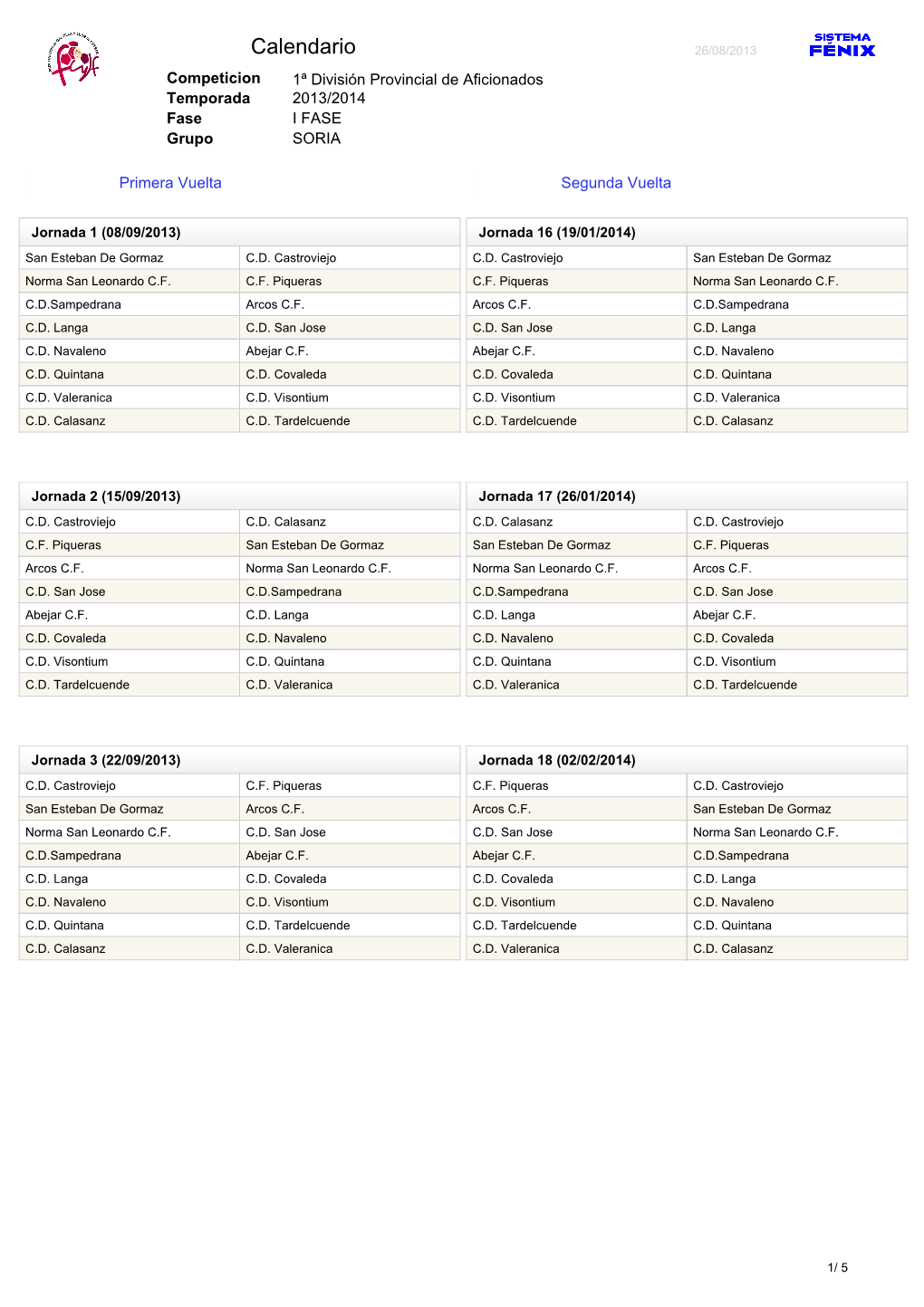 Calendario 26/08/2013 Competicion 1ª División Provincial De Aficionados Temporada 2013/2014 Fase I FASE Grupo SORIA