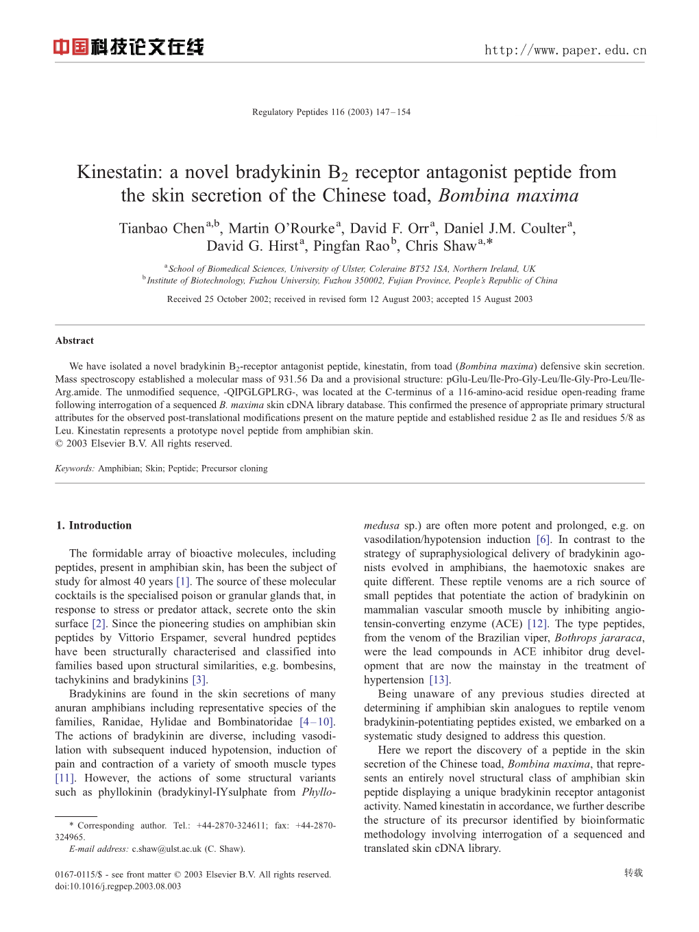 Kinestatin: a Novel Bradykinin B2 Receptor Antagonist Peptide from the Skin Secretion of the Chinese Toad, Bombina Maxima