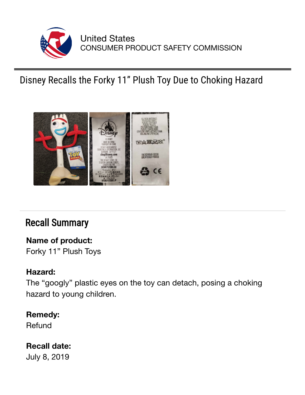 Disney Recalls the Forky 11” Plush Toy Due to Choking Hazard | CPSC.Gov