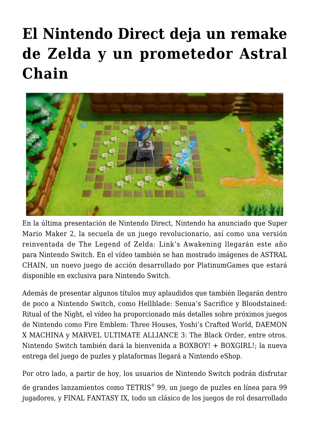 El Nintendo Direct Deja Un Remake De Zelda Y Un Prometedor Astral Chain