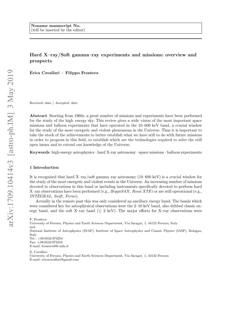 Hard X-Ray/Soft Gamma-Ray Experiments and Missions