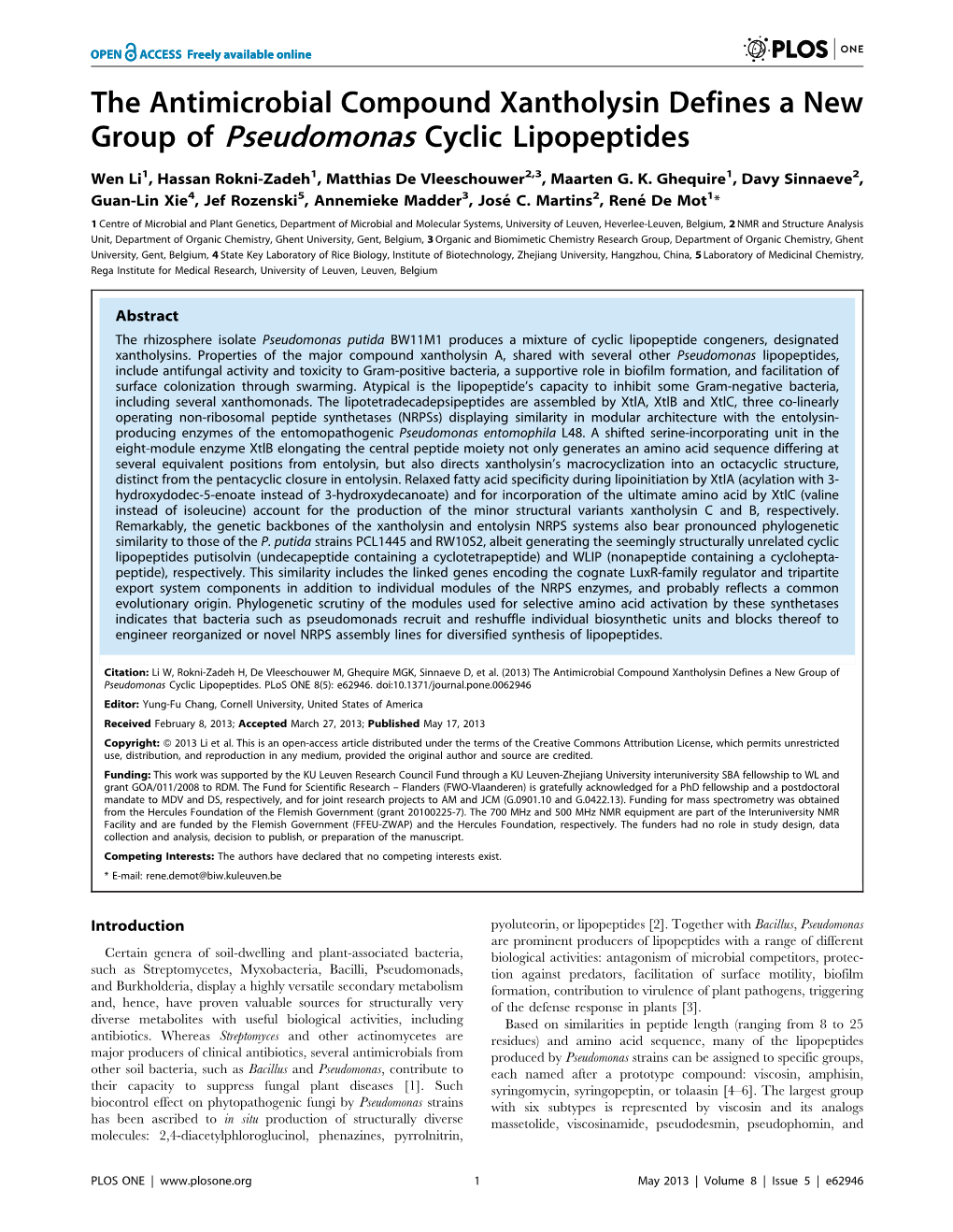 The Antimicrobial Compound Xantholysin Defines a New Group of Pseudomonas Cyclic Lipopeptides