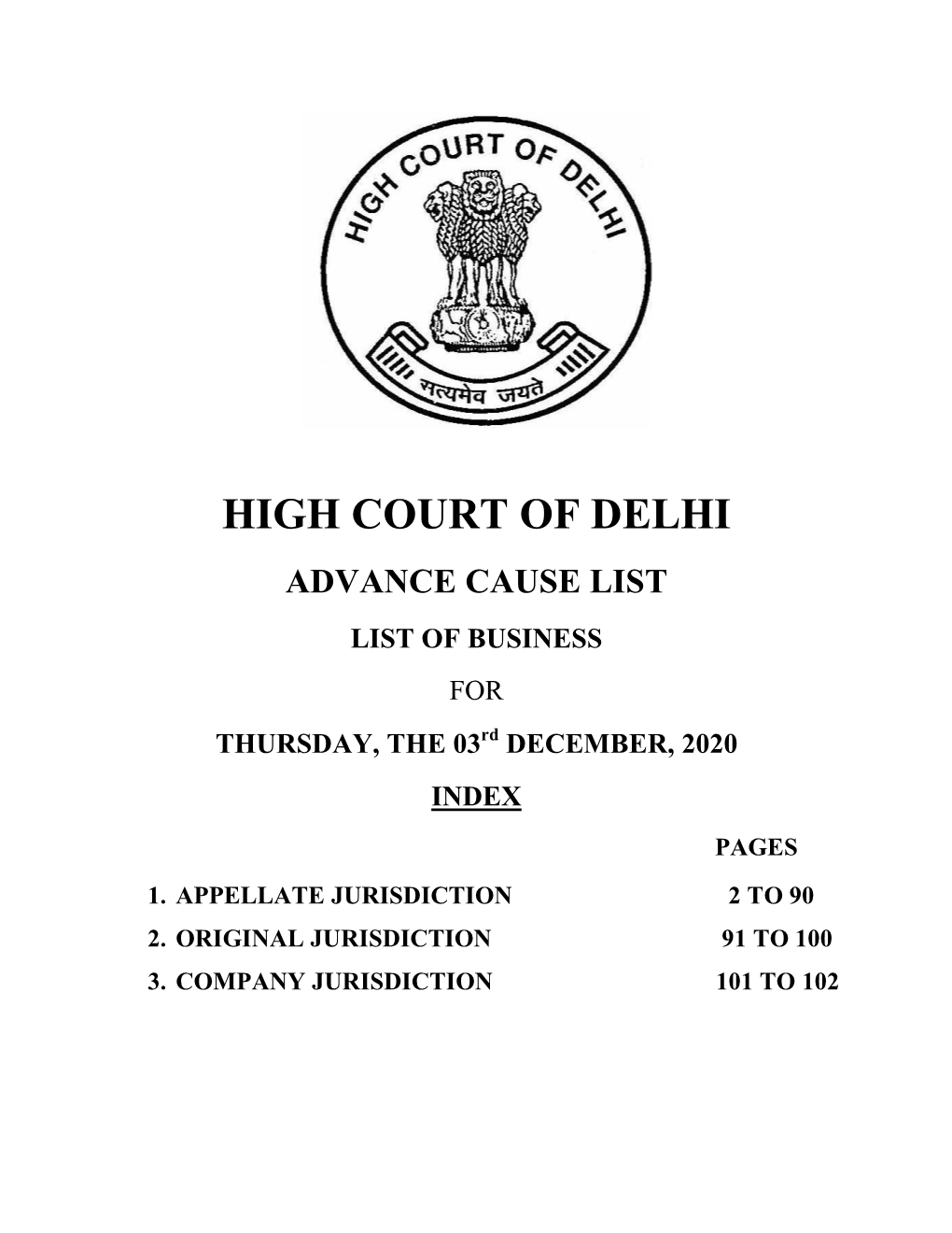 HIGH COURT of DELHI ADVANCE CAUSE LIST LIST of BUSINESS for THURSDAY, the 03Rd DECEMBER, 2020 INDEX PAGES