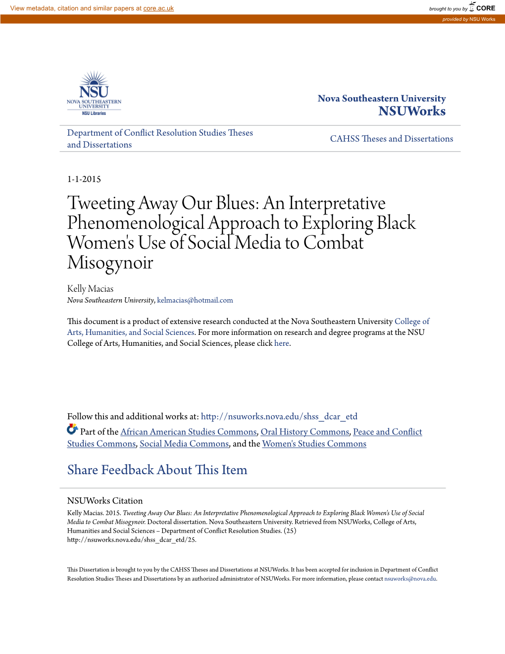 An Interpretative Phenomenological Approach to Exploring Black Women's Use of Social Media to Comba