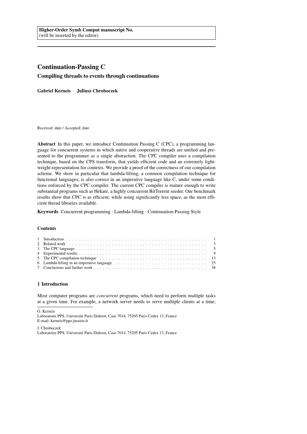 Continuation-Passing C Compiling Threads to Events Through Continuations