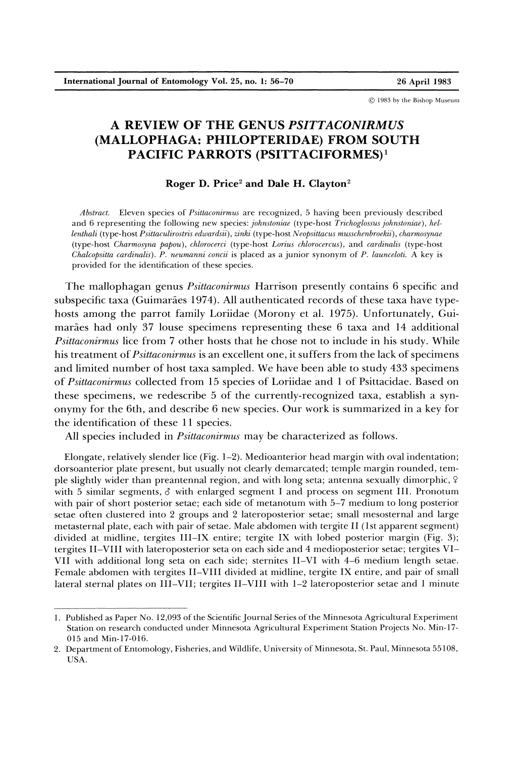 A Review of the Genus Psittaconirmus (Mallophaga: Philopteridae) from South Pacific Parrots (Psittaciformes)1