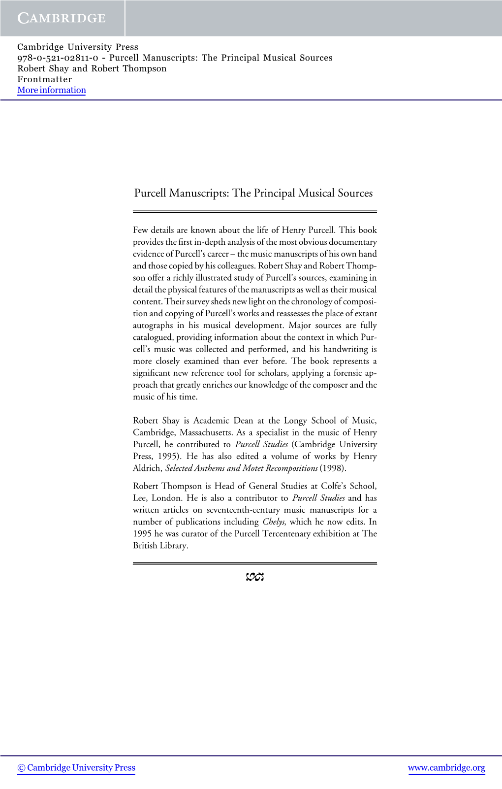 Purcell Manuscripts: the Principal Musical Sources Robert Shay and Robert Thompson Frontmatter More Information