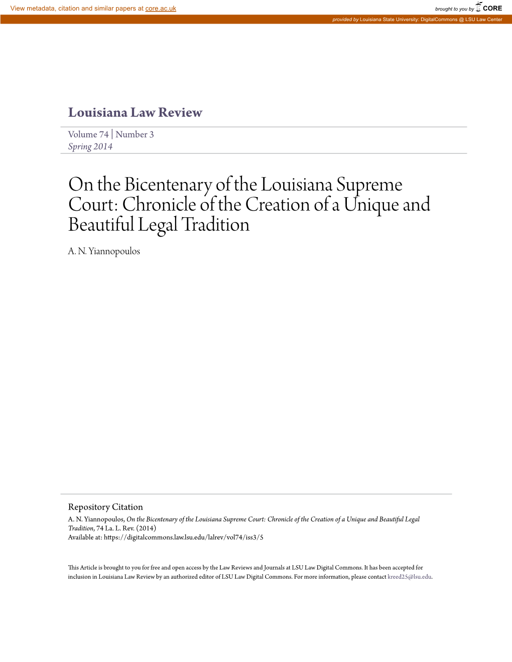 On the Bicentenary of the Louisiana Supreme Court: Chronicle of the Creation of a Unique and Beautiful Legal Tradition A