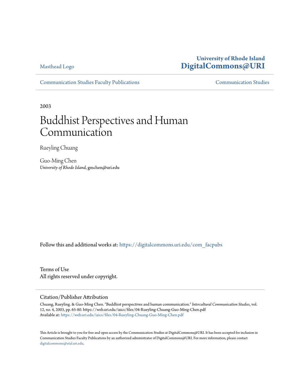 Buddhist Perspectives and Human Communication Rueyling Chuang