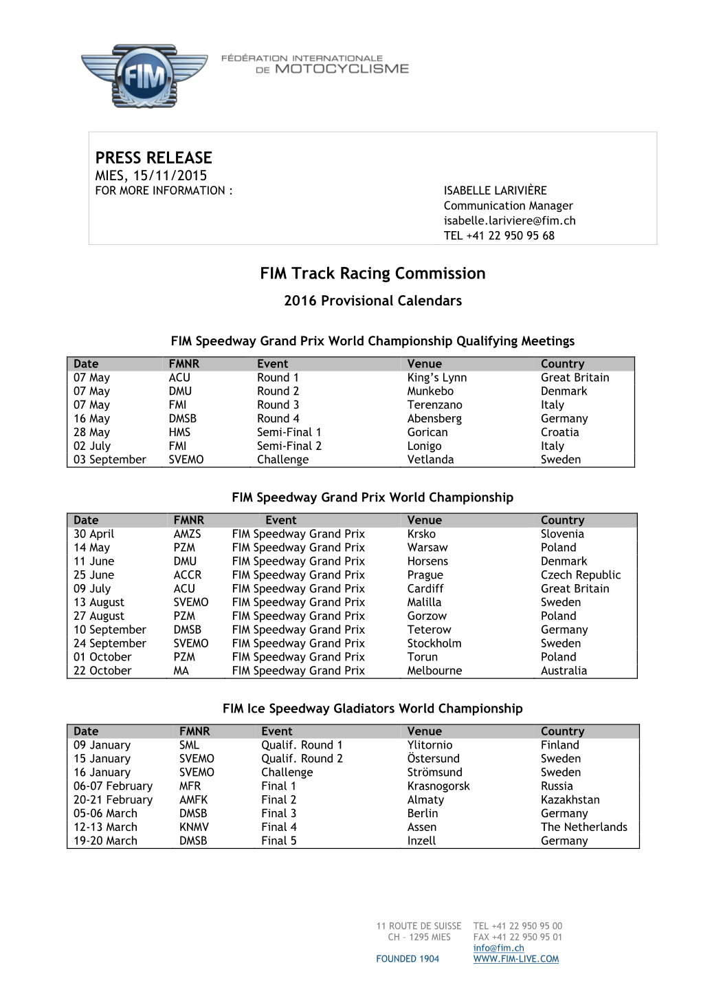 PRESS RELEASE FIM Track Racing Commission