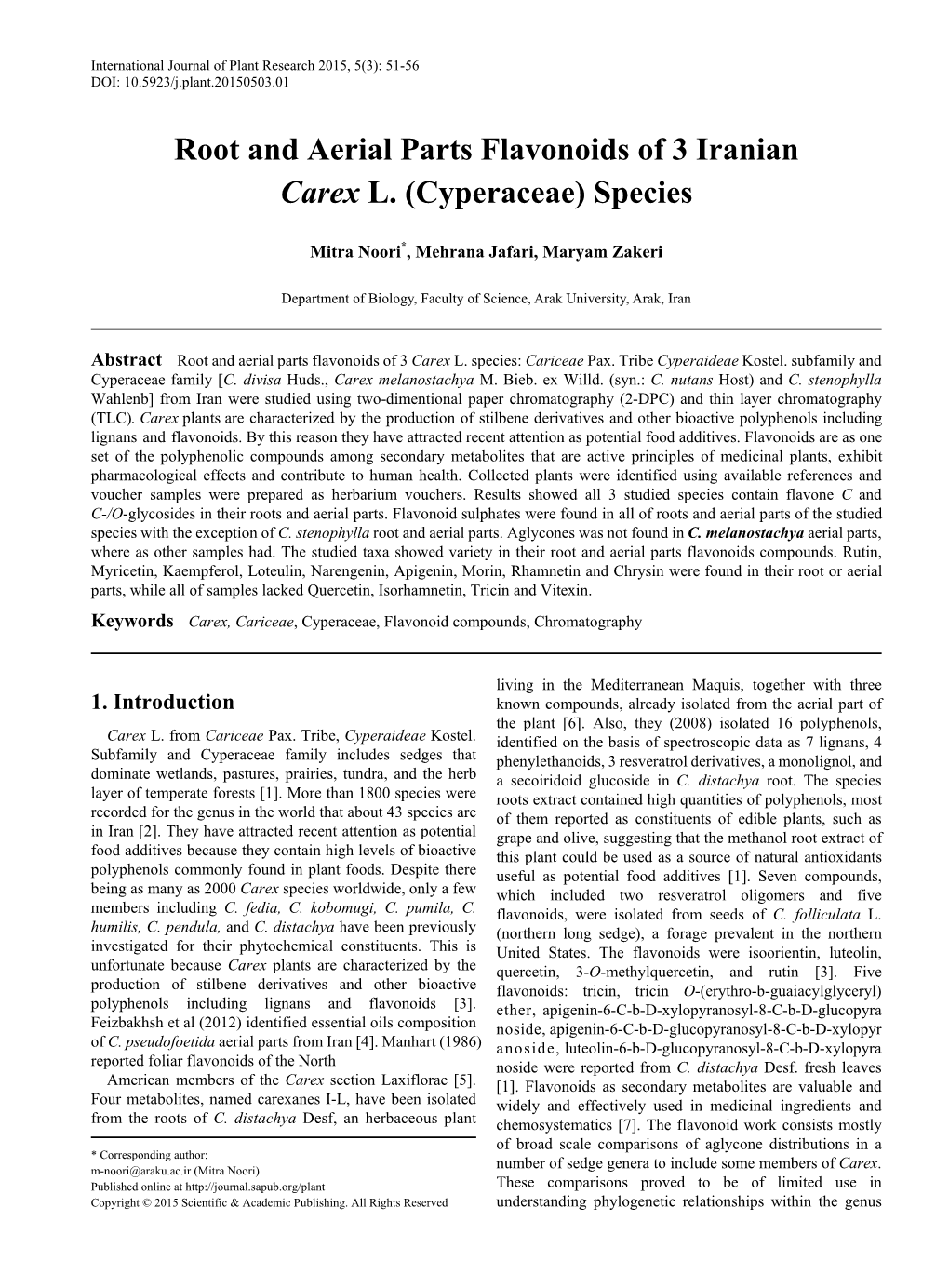 &lt;I&gt; Carex, Cariceae&lt;/I&gt;, Cyperaceae, Flavonoid Compounds, Chromatography