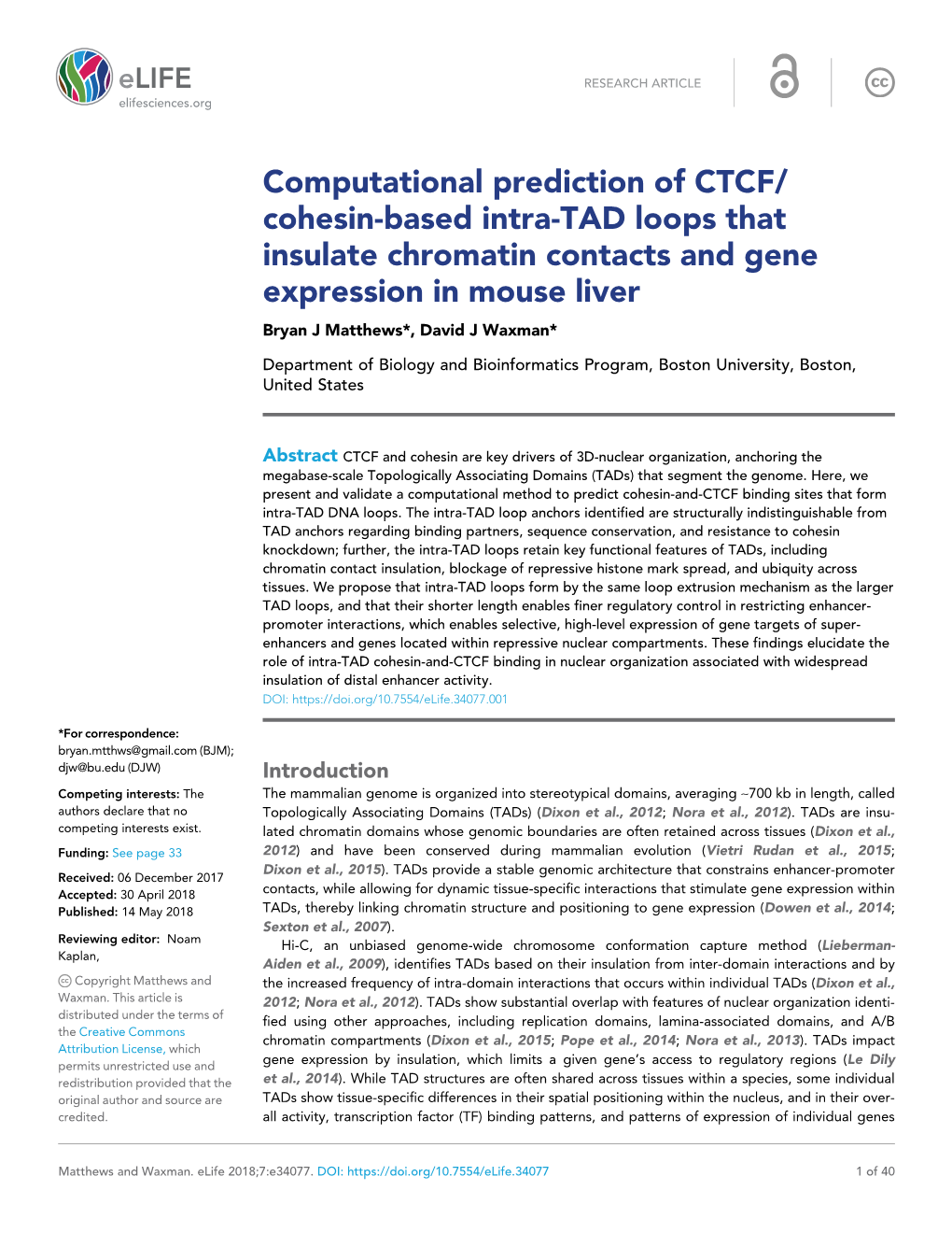 Cohesin-Based Intra-TAD Loops That Insulate Chromatin Contacts and Gene Expression in Mouse Liver Bryan J Matthews*, David J Waxman*