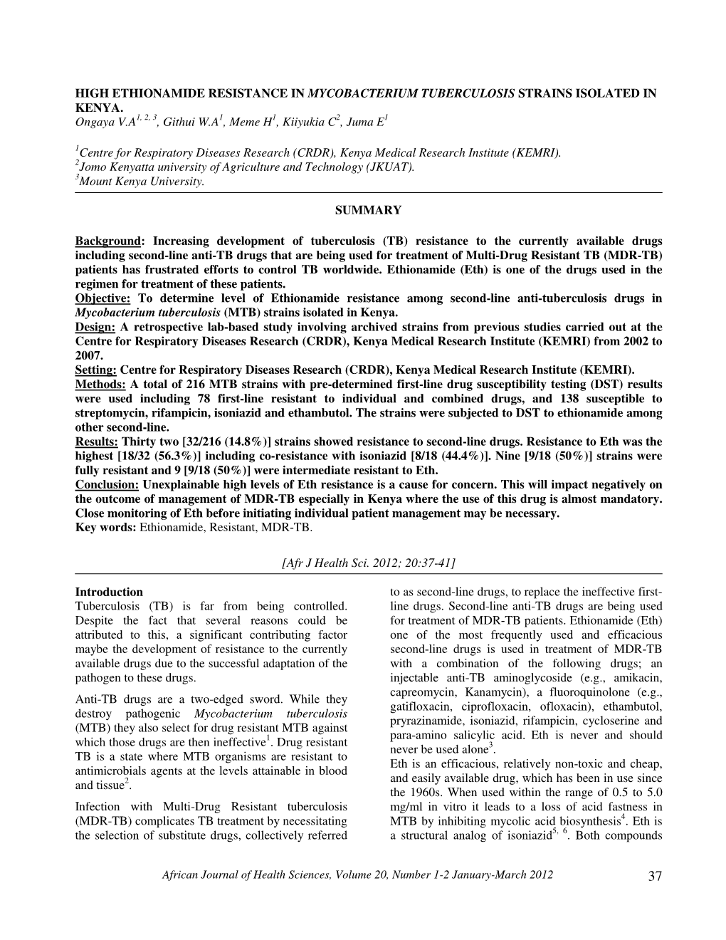 High Ethionamide Resistance in Mycobacterium Tuberculosis Strains Isolated in Kenya