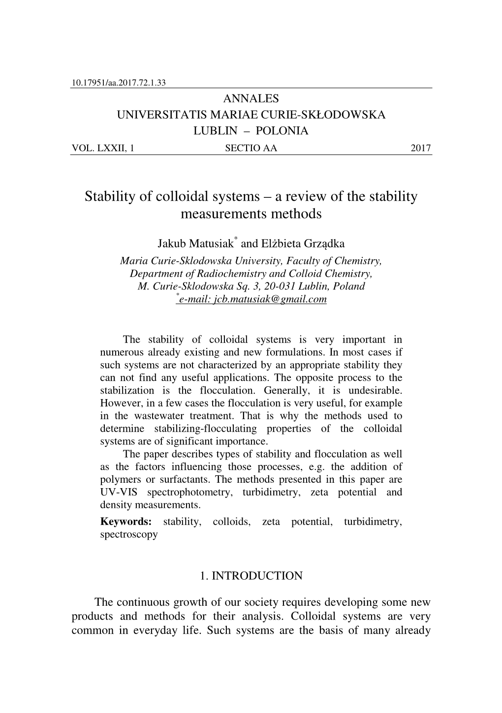 Stability of Colloidal Systems – a Review of the Stability Measurements Methods