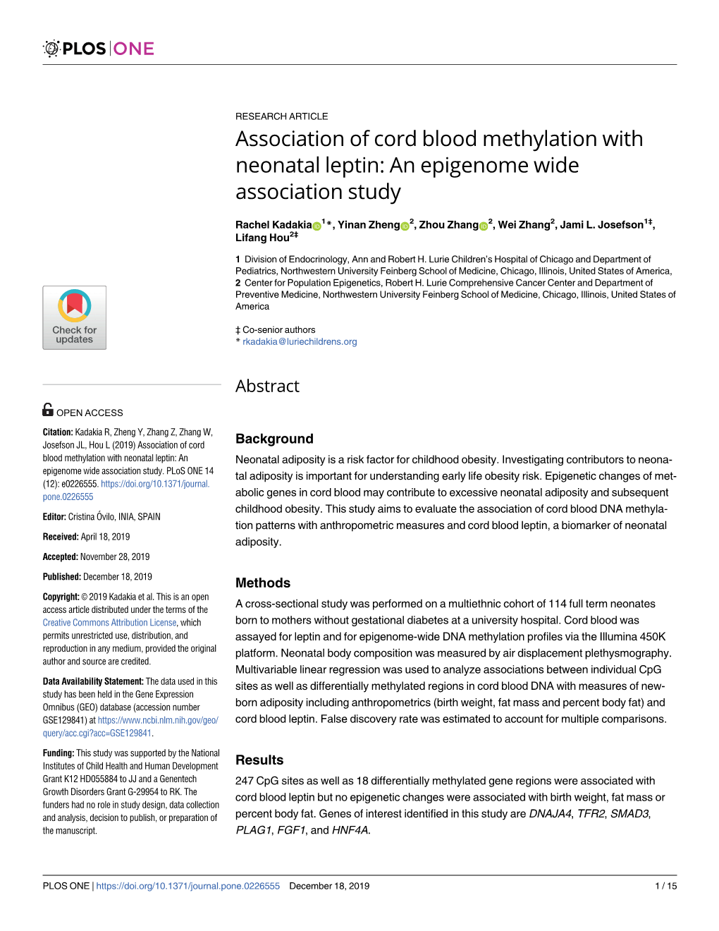 Association of Cord Blood Methylation with Neonatal Leptin: an Epigenome Wide Association Study