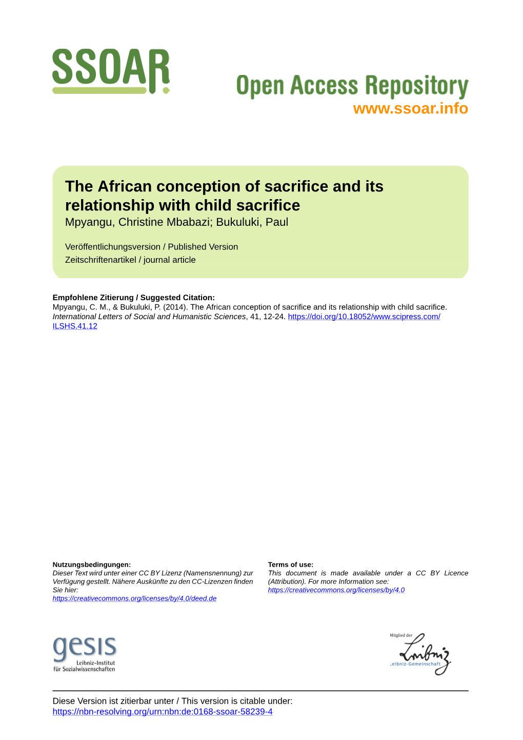 The African Conception of Sacrifice and Its Relationship with Child Sacrifice Mpyangu, Christine Mbabazi; Bukuluki, Paul