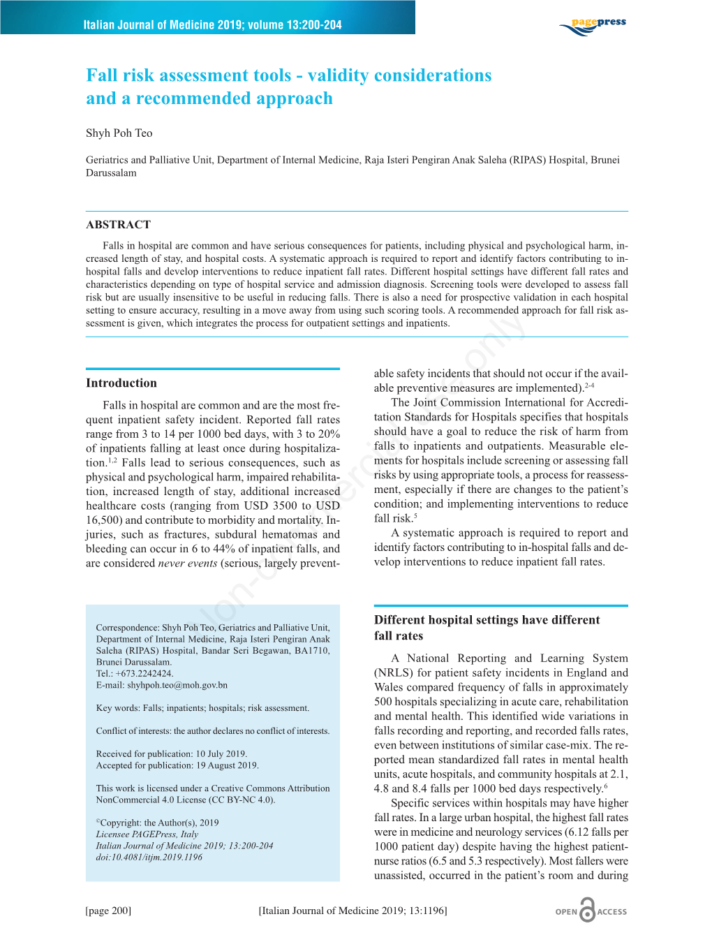 Fall Risk Assessment Tools - Validity Considerations and a Recommended Approach