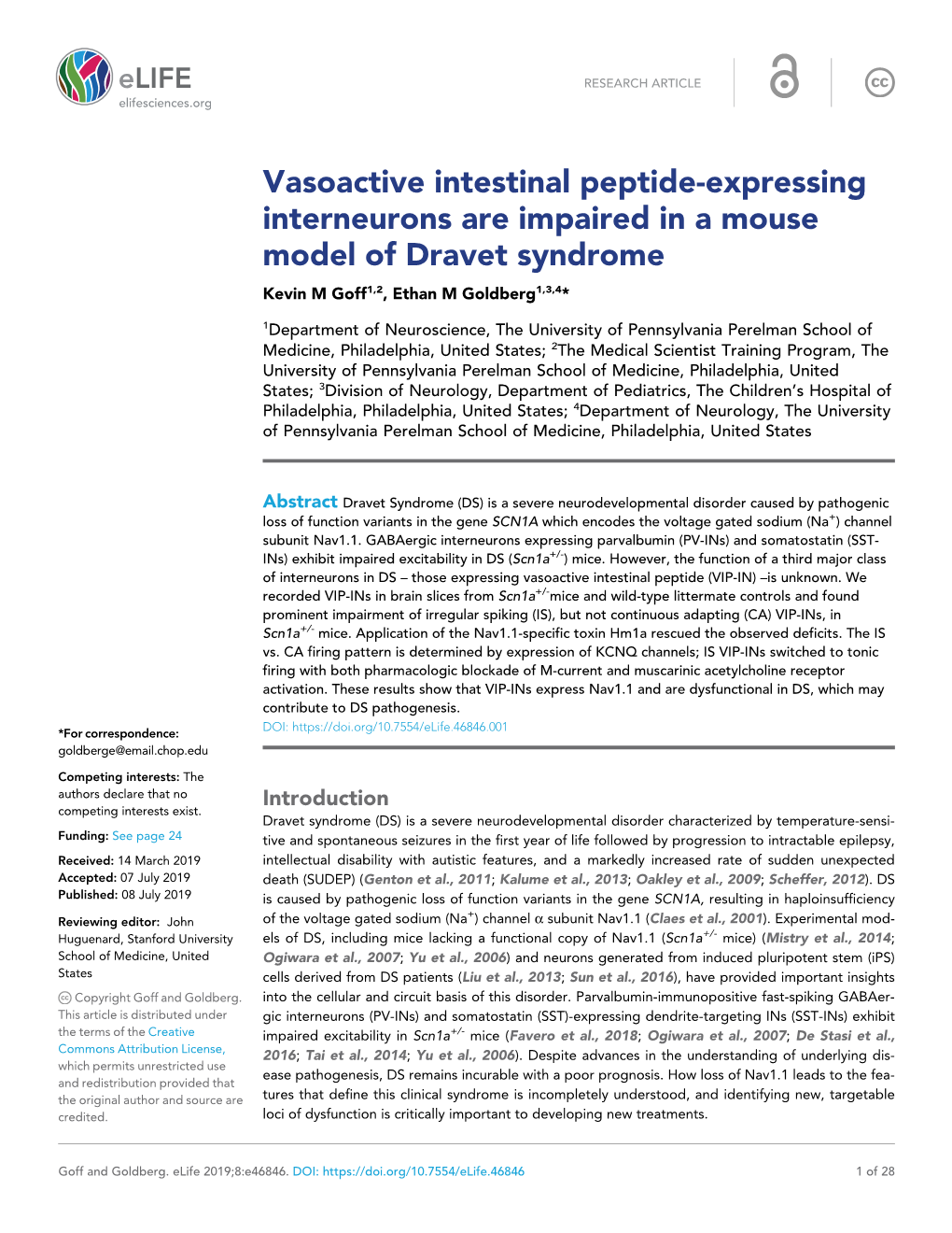 Vasoactive Intestinal Peptide-Expressing Interneurons Are Impaired in a Mouse Model of Dravet Syndrome Kevin M Goff1,2, Ethan M Goldberg1,3,4*