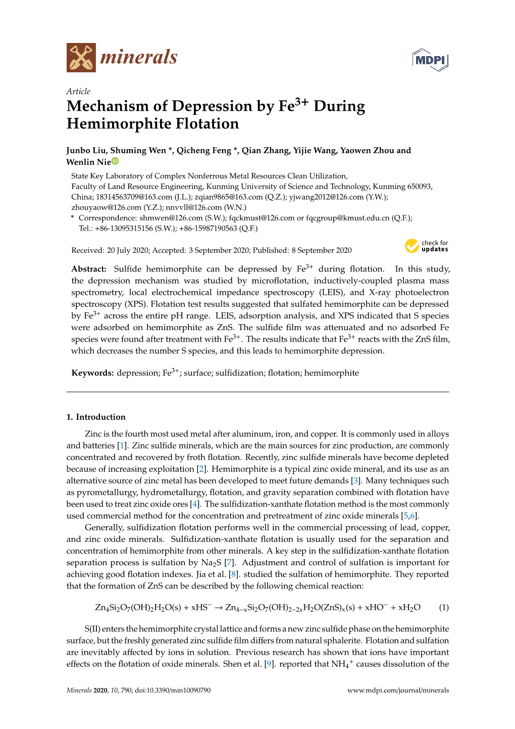 Mechanism of Depression by Fe3+ During Hemimorphite Flotation