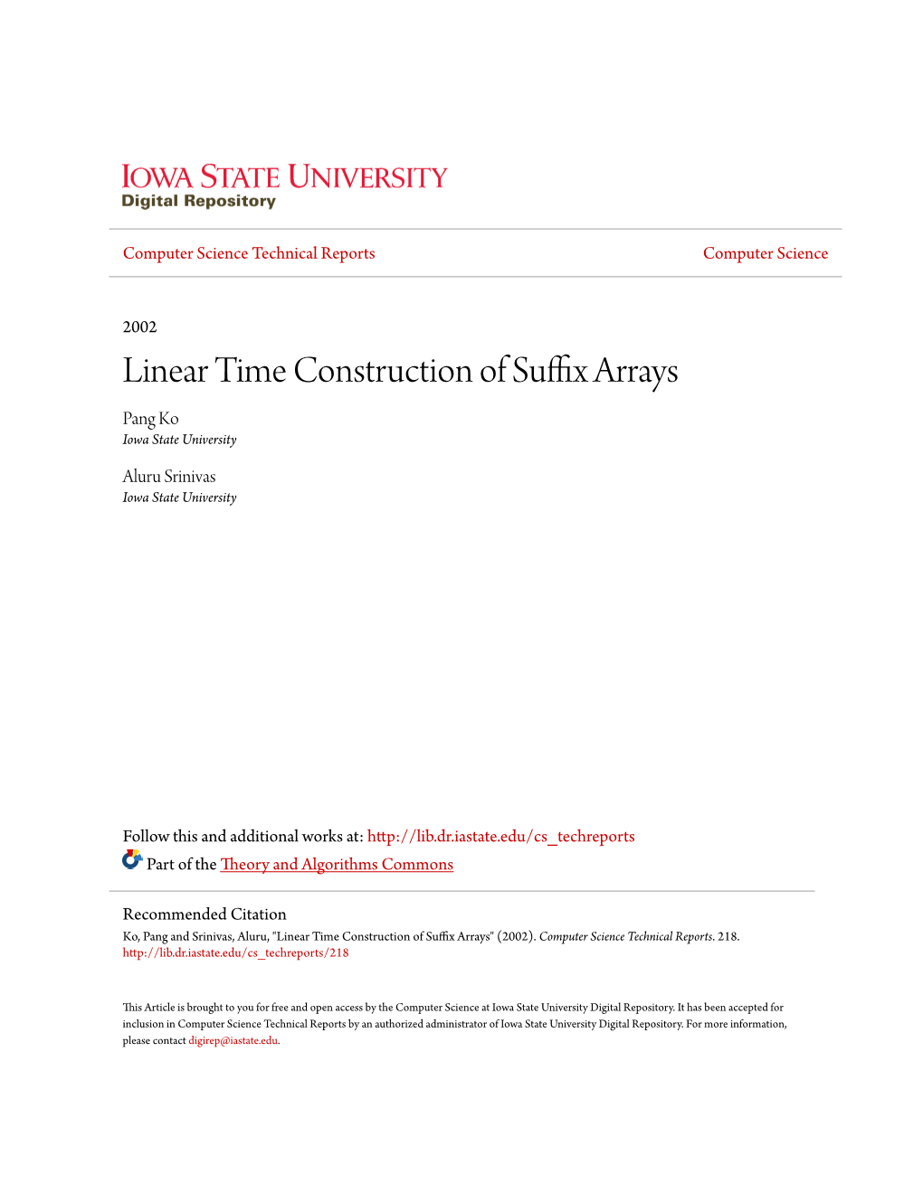 Linear Time Construction of Suffix Arrays Pang Ko Iowa State University