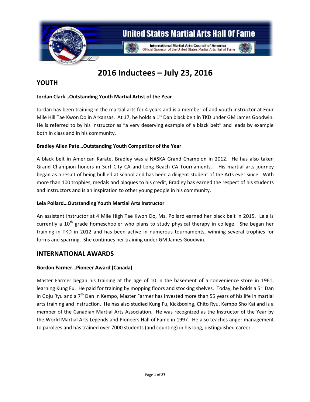 2016 Inductees – July 23, 2016 YOUTH