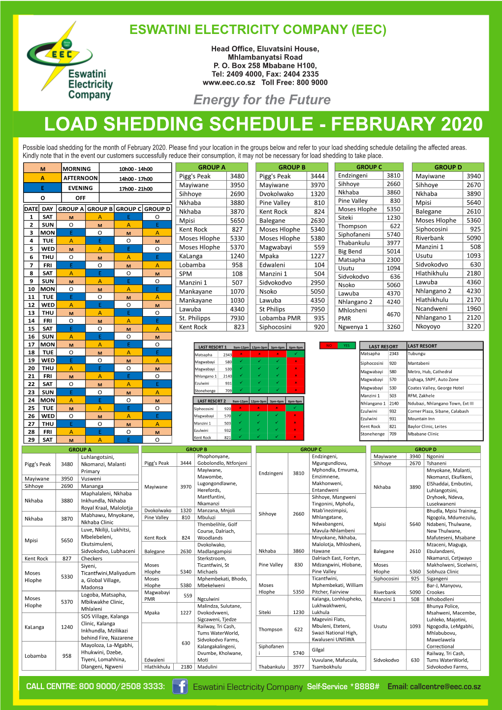 Load Shedding Schedule - February 2020