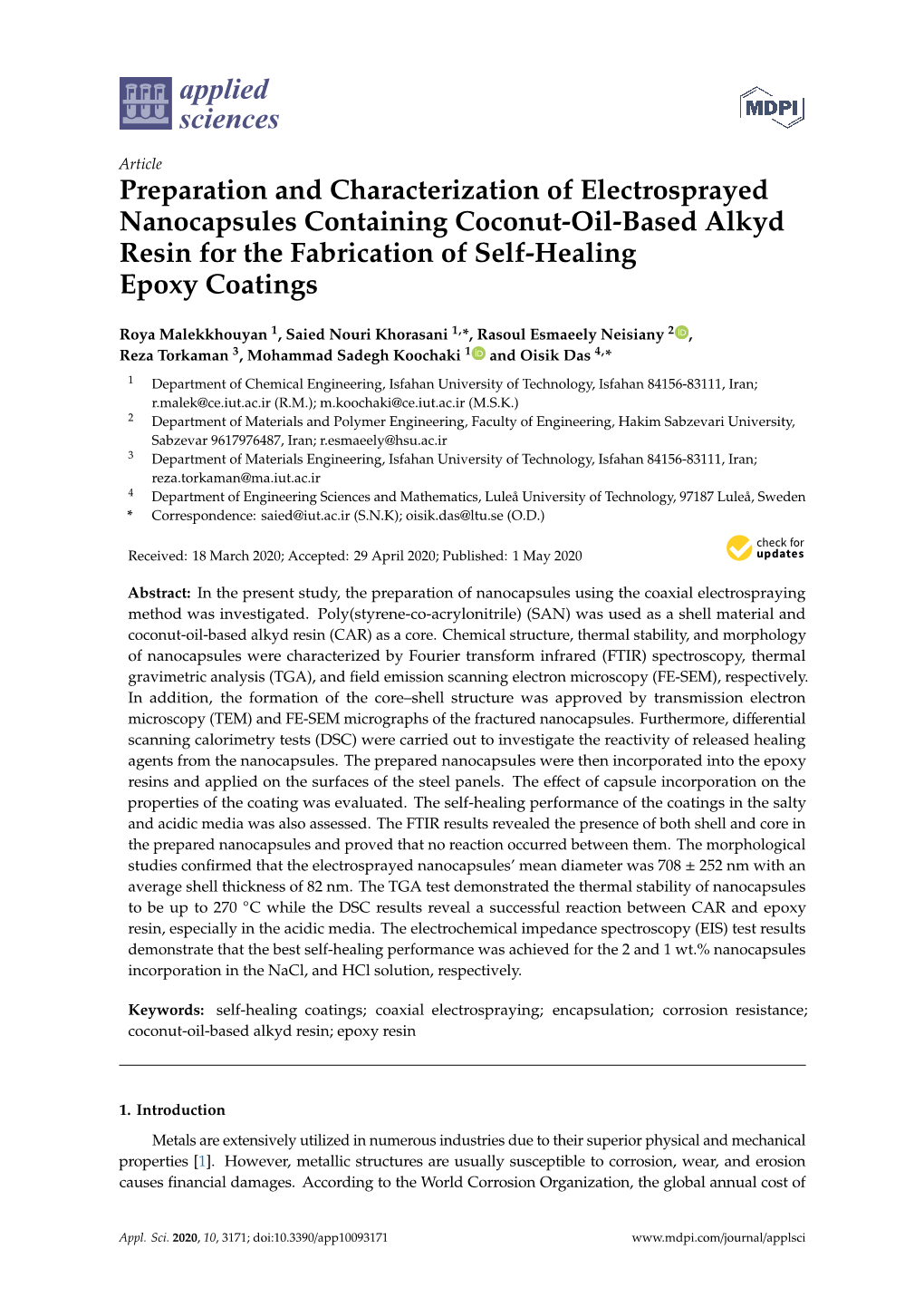 Preparation and Characterization of Electrosprayed Nanocapsules Containing Coconut-Oil-Based Alkyd Resin for the Fabrication of Self-Healing Epoxy Coatings