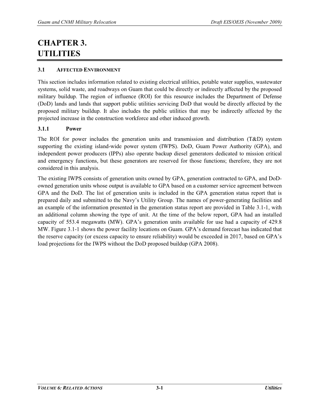 VOLUME 6: RELATED ACTIONS 3-1 Utilities Guam and CNMI Military Relocation Draft EIS/OEIS (November 2009)