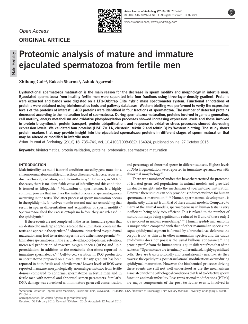 Proteomic Analysis of Mature and Immature Ejaculated Spermatozoa from Fertile Men Male Fertility