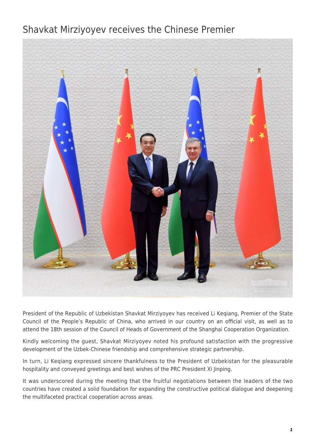 Shavkat Mirziyoyev Receives the Chinese Premier