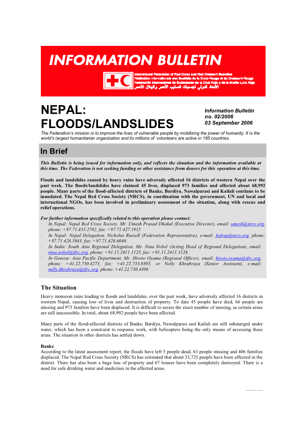 Nepal: Floods/Landslides; Information Bulletin No
