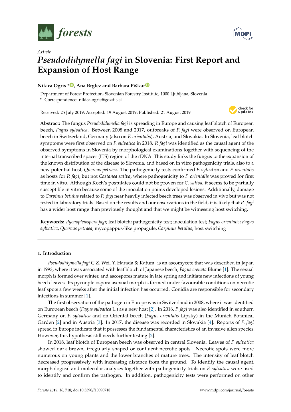 Pseudodidymella Fagi in Slovenia: First Report and Expansion of Host Range