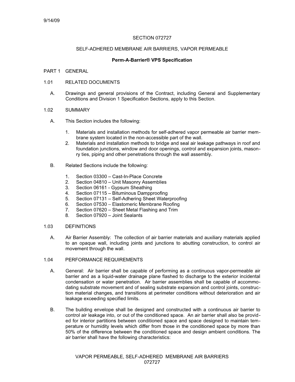 Section 07272 - Fluid-Applied Membrane Air Barriers