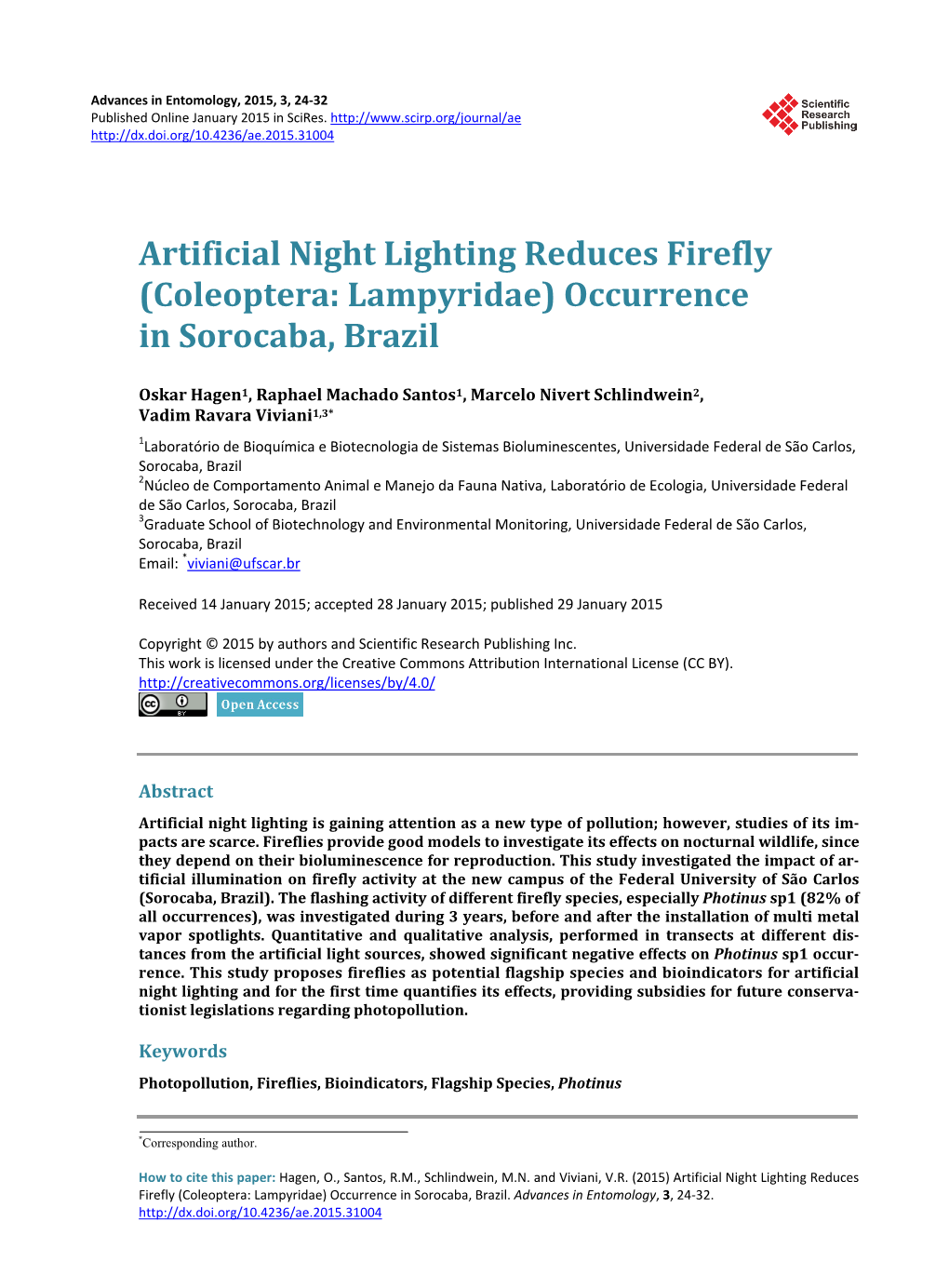 Artificial Night Lighting Reduces Firefly (Coleoptera: Lampyridae) Occurrence in Sorocaba, Brazil