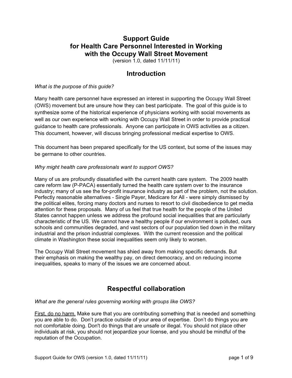 Support Guide for Health Care Personnel Interested in Working with the Occupy Wall Street Movement (Version 1.0, Dated 11/11/11)