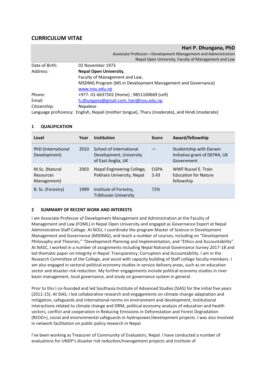 CURRICULUM VITAE Hari P