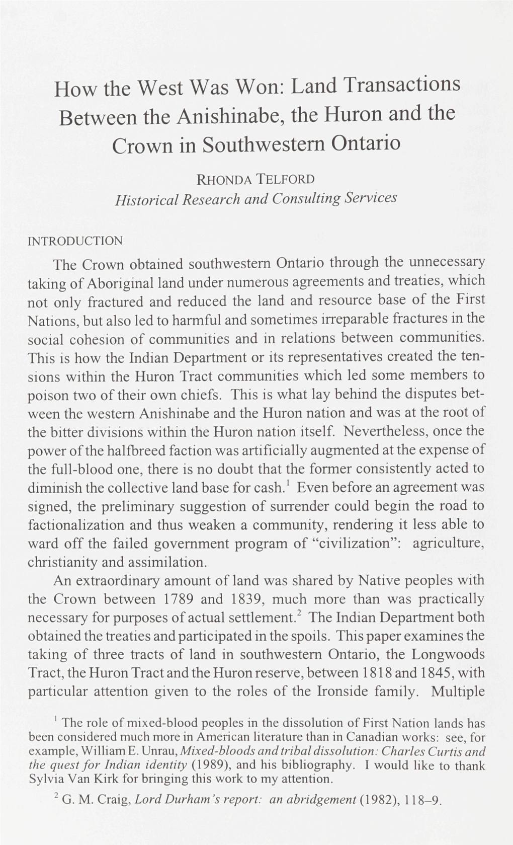 Land Transactions Between the Anishinabe, the Huron and the Crown in Southwestern Ontario