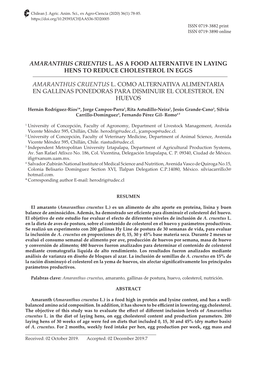 Amaranthus Cruentus L. As a Food Alternative in Laying Hens to Reduce Cholesterol in Eggs