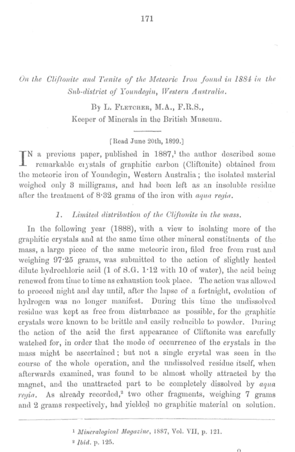 On the Cliftonite and Tmnite of the Meteoric Iron Found in 1884 in the Sub-District of Youndeyin, Western Australia. by L. FLETC