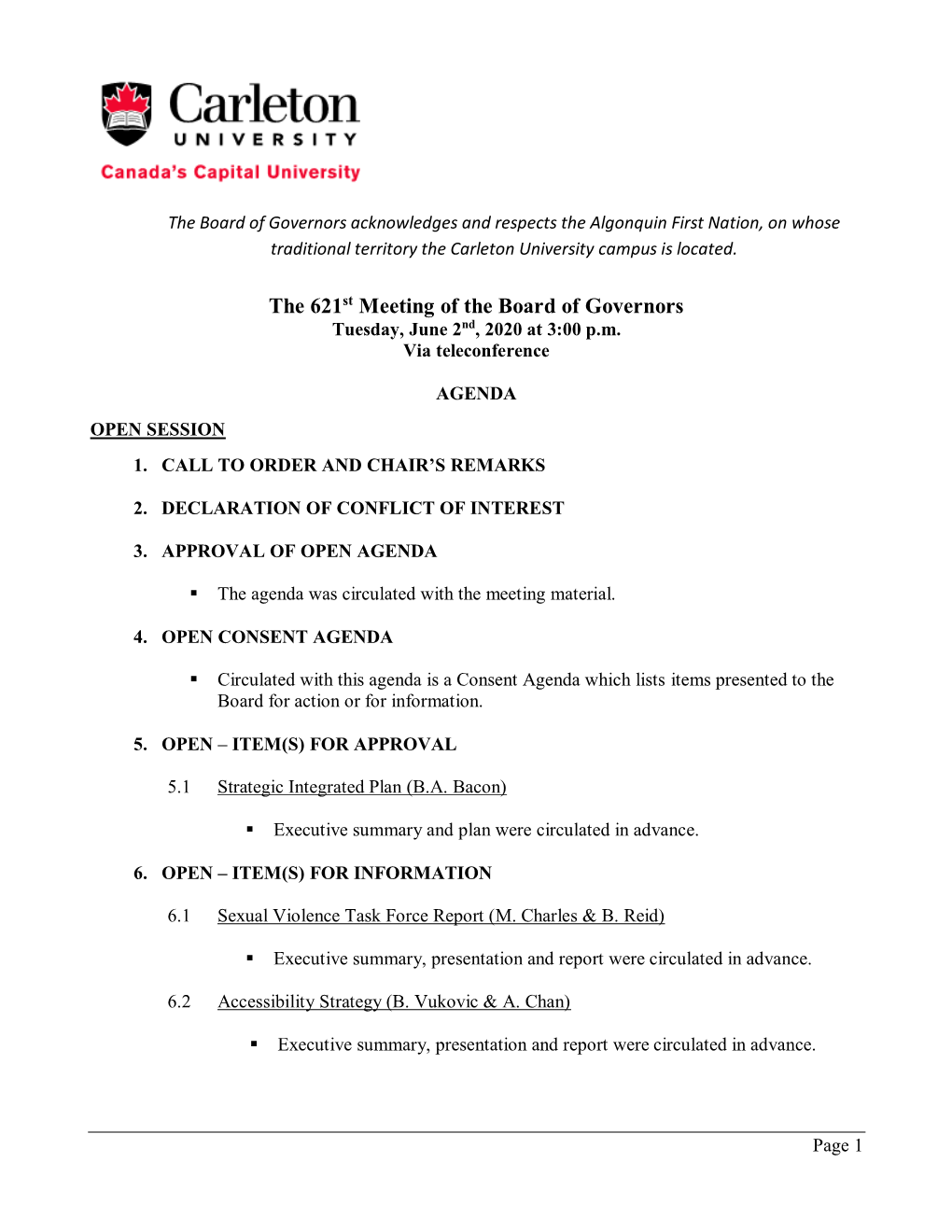 The 621St Meeting of the Board of Governors Tuesday, June 2Nd, 2020 at 3:00 P.M