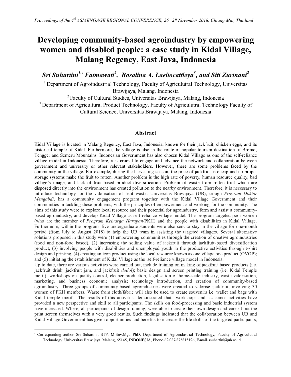 Developing Community-Based Agroindustry by Empowering Women and Disabled People: a Case Study in Kidal Village, Malang Regency, East Java, Indonesia