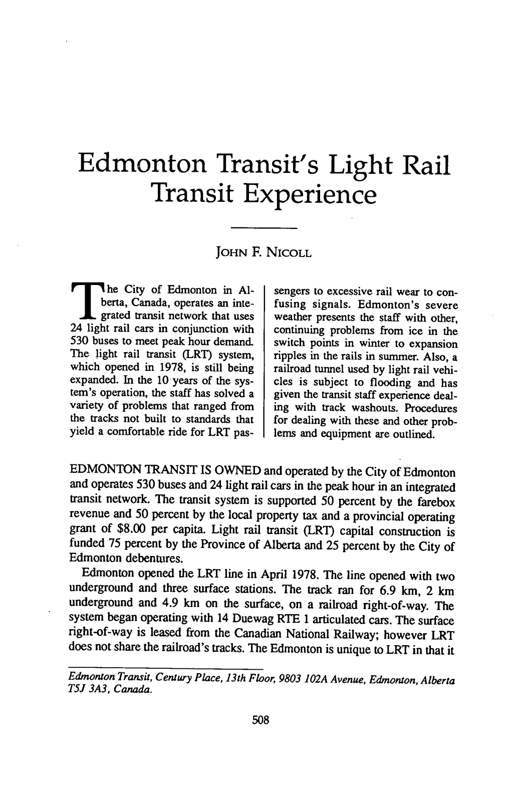 Edmonton Transit's Light Rail Transit Experience