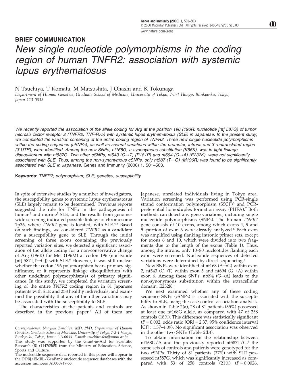 New Single Nucleotide Polymorphisms in the Coding Region of Human TNFR2: Association with Systemic Lupus Erythematosus