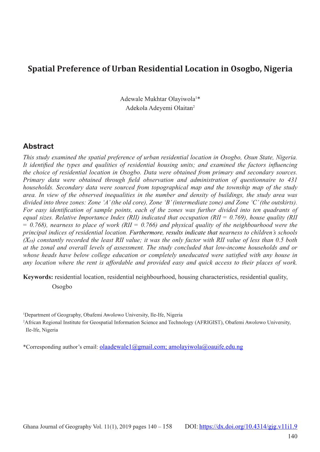 Spatial Preference of Urban Residential Location in Osogbo, Nigeria