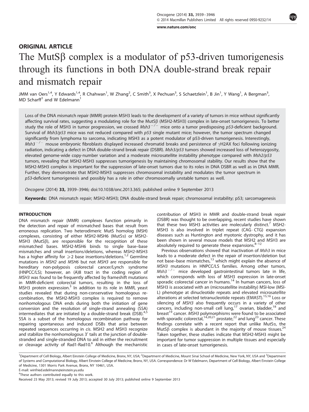 Complex Is a Modulator of P53-Driven Tumorigenesis Through Its Functions in Both DNA Double-Strand Break Repair and Mismatch Repair