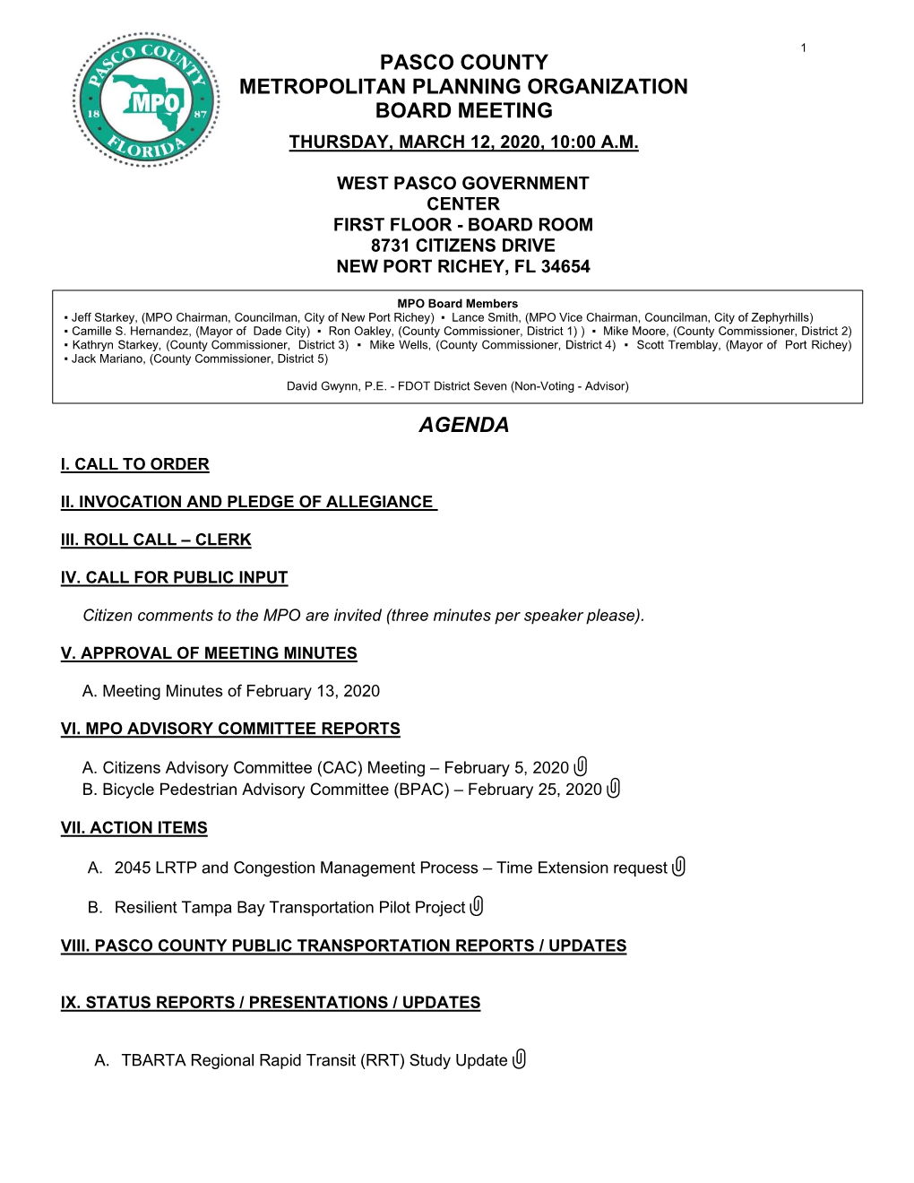 Pasco County Metropolitan Planning Organization Board Meeting Thursday, March 12, 2020, 10:00 A.M